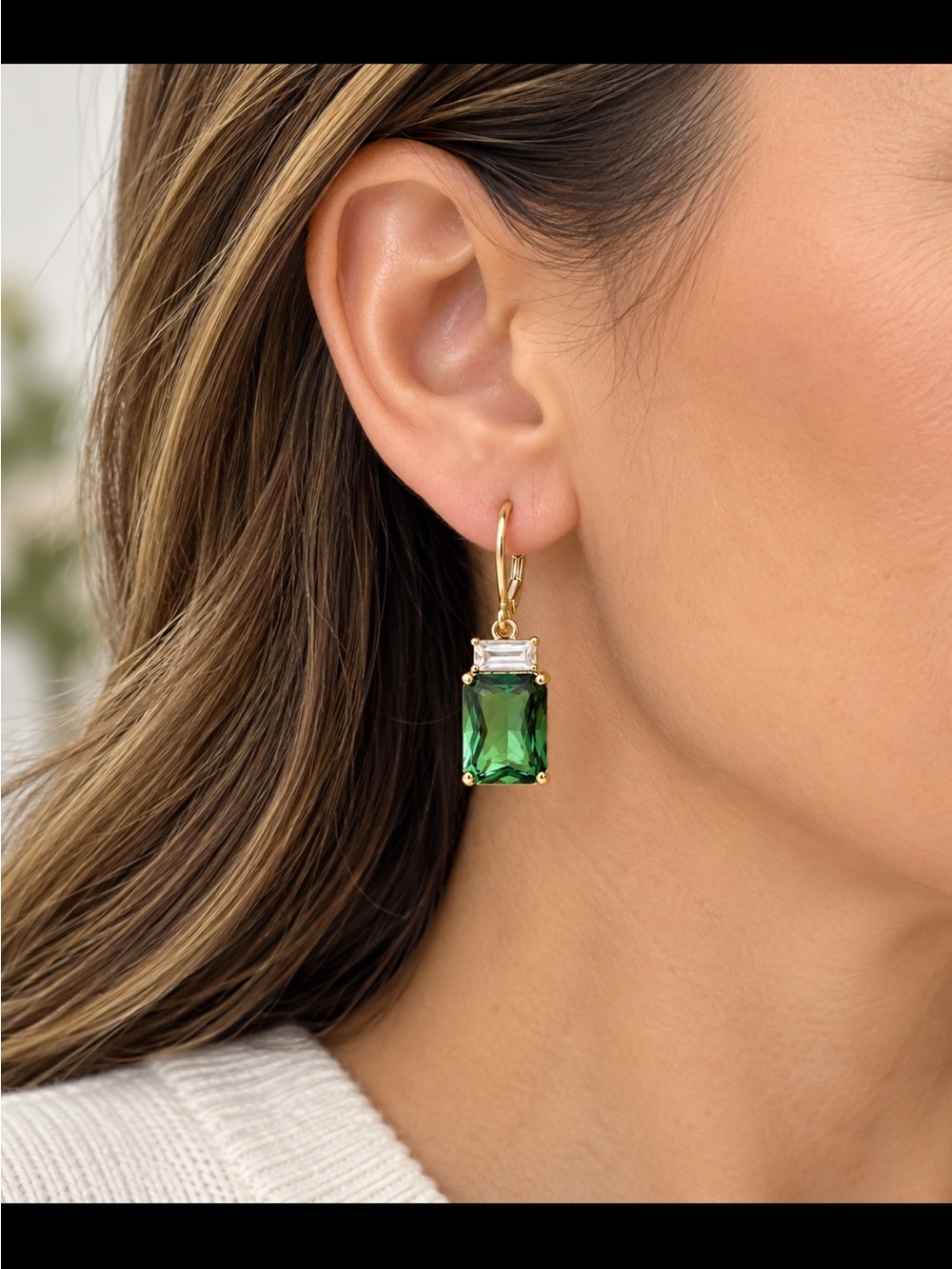 Lauren Ralph Lauren Gold Tone Drop Earrings with Emerald Green & Clear Stone NWT